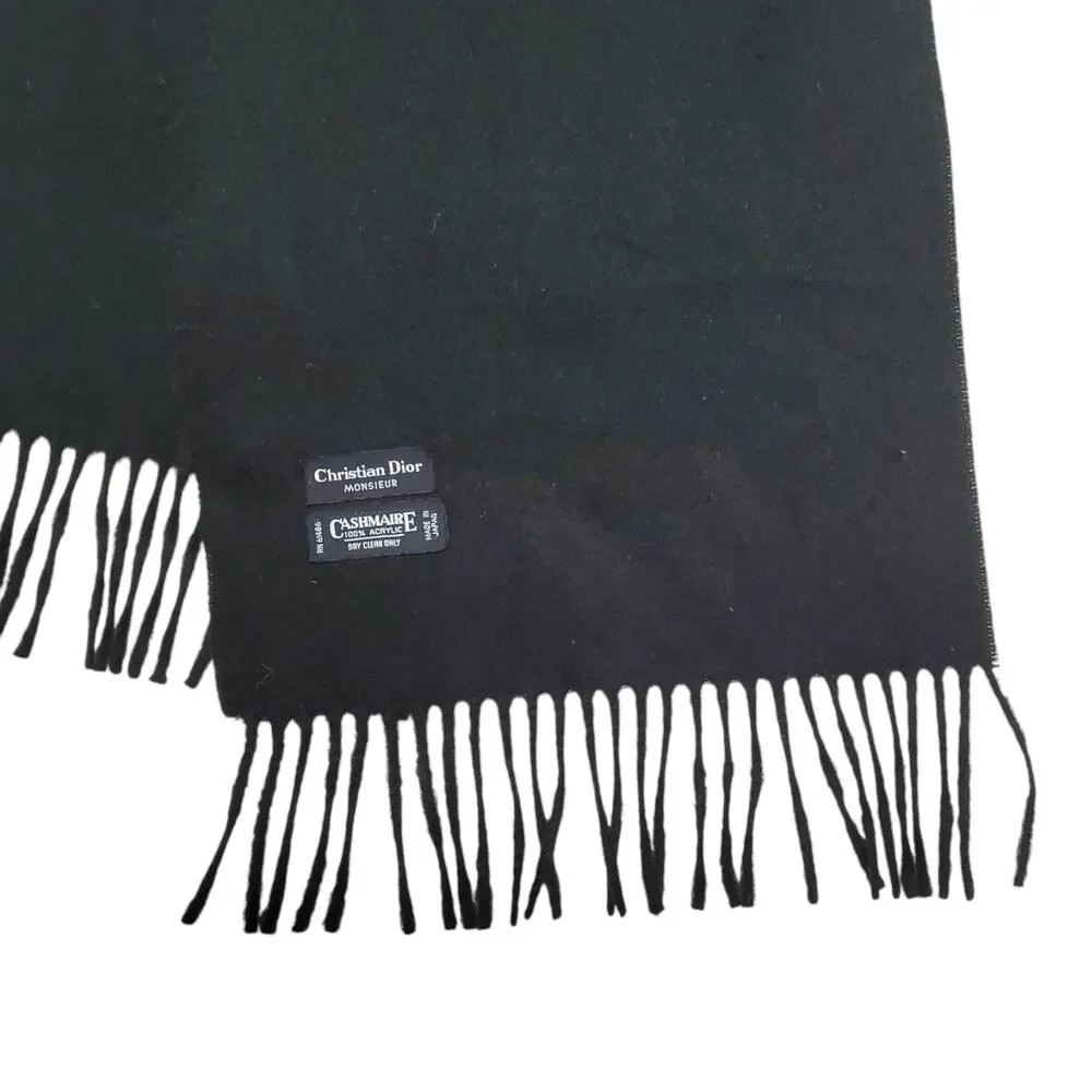 Vintage Christian Dior Monsieur Black Scarf Cashmaire Fringed Winter Japan